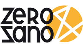Zero&Sano logo met zwarte tekst en een oranje cirkelvormig ontwerp aan de rechterkant.