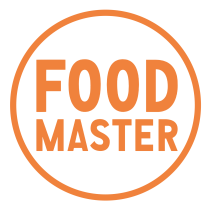 Foodmaster-logo met oranje tekst en cirkel op een witte achtergrond.