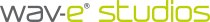 Wav-e Studios logo met grijze en limegroene letters op een witte achtergrond.