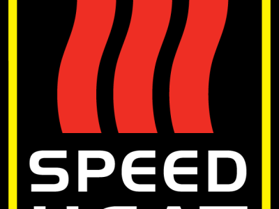 Speedheat-logo met rode hittegolven, witte tekst en een gele omlijning tegen een zwarte achtergrond.
