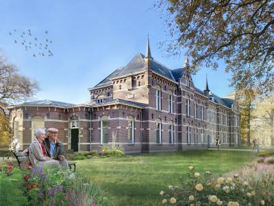 Historisch gebouw met herbergfunctie omgeven door tuin, met oudere mensen en fietsers op de voorgrond.