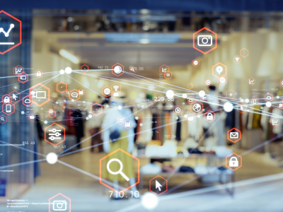 Digitale iconen en lijnen zweven over een winkelinterieur, die data en connectiviteit visualiseren.