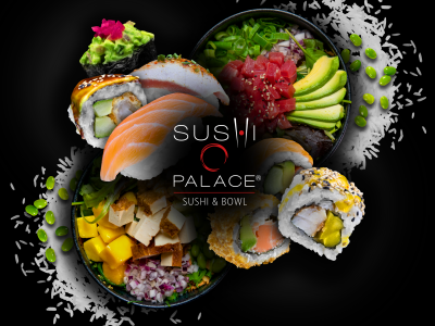 Sushi Palace-logo omringd door kleurrijke sushirollen en pokébowl met rijst en verse ingrediënten op een zwarte achtergrond.