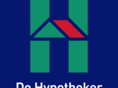 Logo van De Hypotheker met groene en rode elementen op een blauwe achtergrond.