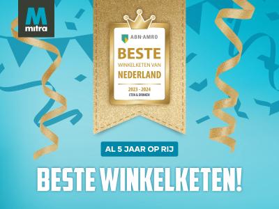 Illustratie met Mitra-logo, gouden linten en bord met tekst Beste Winkelketen van Nederland 2023-2024 Eten & Drinken.