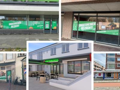 Reclameborden bij verschillende panden van New York Pizza roepen op tot het worden van franchisenemer.