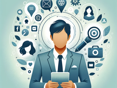 Man in pak met tablet omringd door diverse sociale media- en communicatie-iconen.
