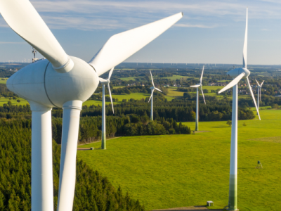 Windmolens op een groen landschap met daarachter een uitgestrekte bosrijke omgeving en een dorp in de verte.