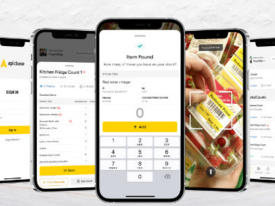 Vijf smartphones tonen een voorraadbeheer-app van Apicbase in gebruik, gericht op voedselvoorraad en productregistratie.