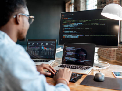 Man werkt met meerdere monitoren, waarop codes en grafiekdata zichtbaar zijn, in een kantooromgeving.