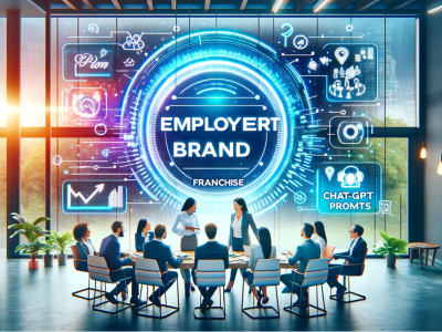 Zakelijke bijeenkomst in een moderne ruimte met digitaal scherm dat Employer Brand Franchise en Chat-GPT Prompts toont.