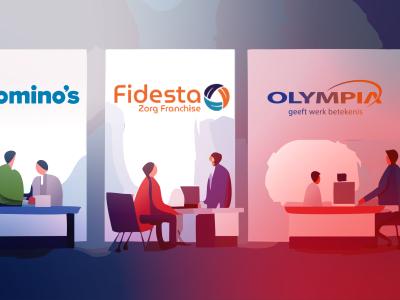 Standhouders van Domino's, Fidesta en Olympia ontvangen bezoekers op de Franchise+ Beurs 2024.