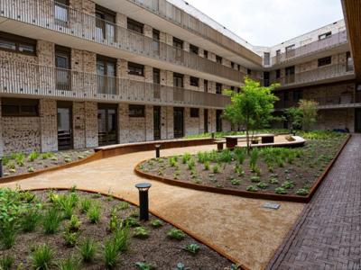 Binnenplaats met wandelpaden en planten, omlijst door cortenstaal borderranden, bij een modern appartementencomplex.