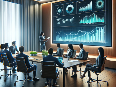 Professionals in een vergaderruimte analyseren groeigrafieken op een groot scherm.