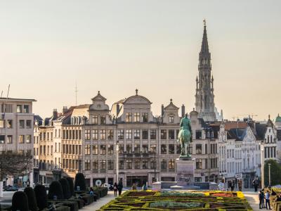 Stadsbeeld van Brussel met historische gebouwen, een ruiterstandbeeld en de toren van het stadhuis op de achtergrond.
