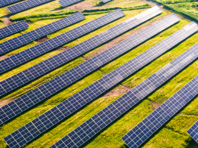 Uitgestrekte zonnebatterij velden in helder groen landschap bij zonnig weer.
