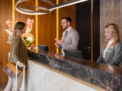 Receptionist in gesprek met klant bij hotelbalie met bloemen en kollega die naast hem bezig is met computer.