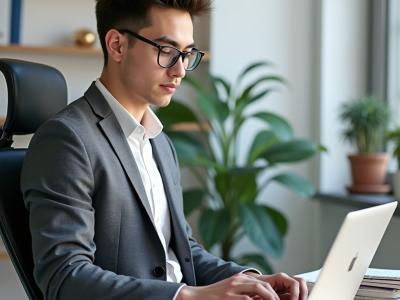 Man in pak werkt op laptop aan bureau met planten op achtergrond.