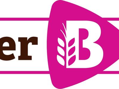 Het logo van Bakker Bart met bruine letters en een roze achtergrond met een korenaar symbool.
