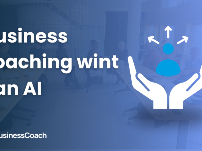 Vergaderruimte met mensen en tekst Business coaching wint van AI naast businesscoach-logo.
