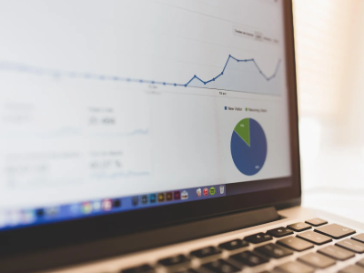 Laptopbeeldscherm met grafieken en cirkeldiagrammen die websiteverkeer en SEO-analyse tonen.