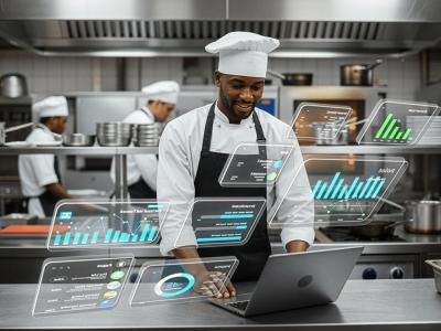 Chef-kok in een restaurantkeuken werkt aan een laptop met zwevende data-analyse grafieken om zich heen.
