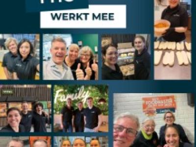 Collage van FHC-medewerkers die samenwerken tijdens de derde landelijke meewerkdag, met activiteiten in een horecasetting.