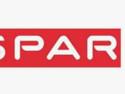 Het logo van SPAR met rode achtergrond en een groene spar in een cirkel.