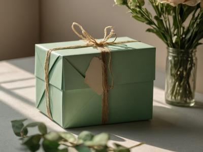 Groen cadeau ingepakt met touw naast een vaas met bloemen op een zonovergoten tafel.