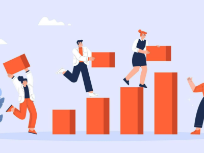 Mensen werken samen om blokken op te stapelen, symbool voor groeien en samenwerking in marketing.